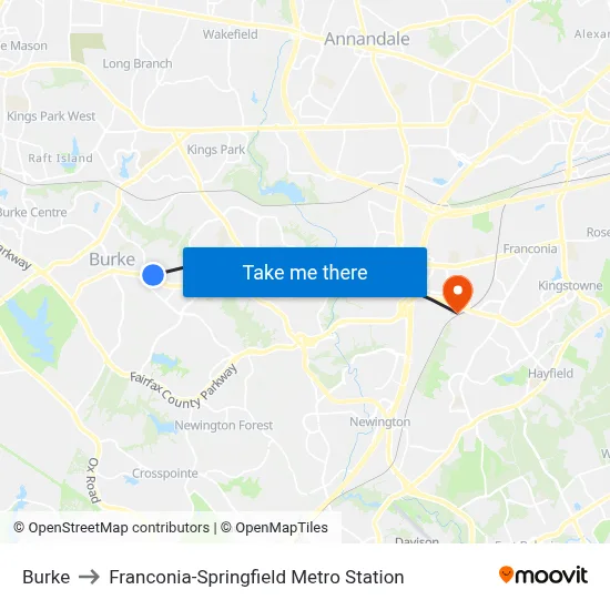 Burke to Franconia-Springfield Metro Station map