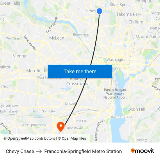 Chevy Chase to Franconia-Springfield Metro Station map