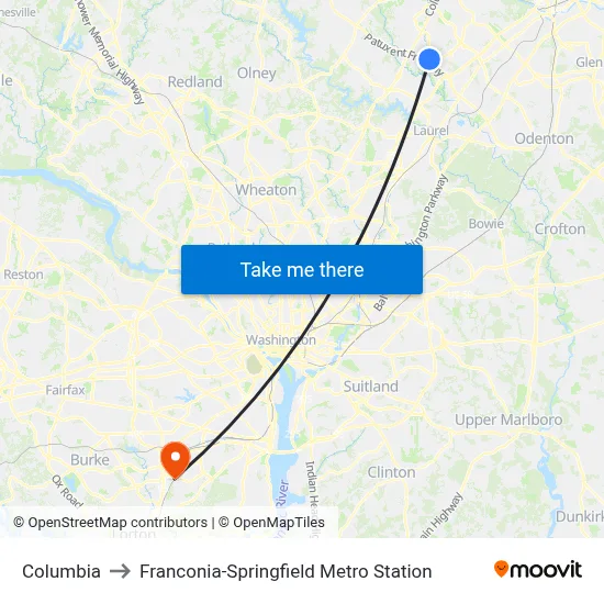 Columbia to Franconia-Springfield Metro Station map