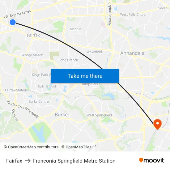 Fairfax to Franconia-Springfield Metro Station map