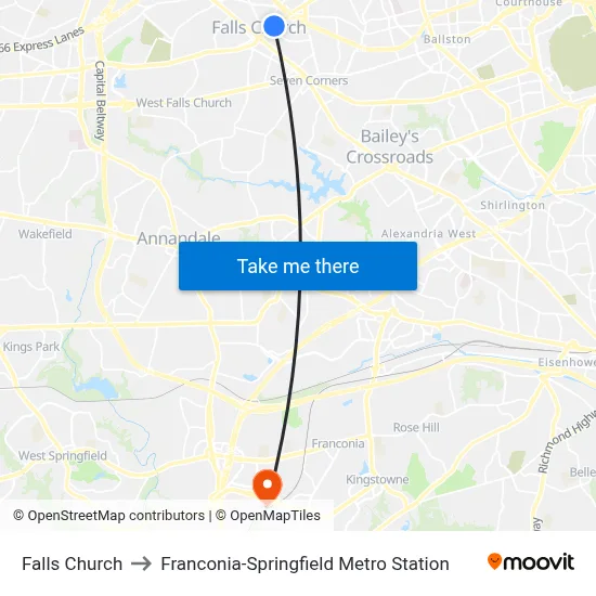 Falls Church to Franconia-Springfield Metro Station map