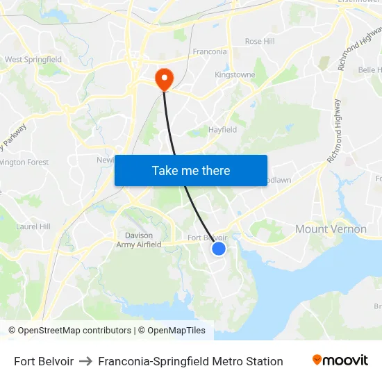 Fort Belvoir to Franconia-Springfield Metro Station map