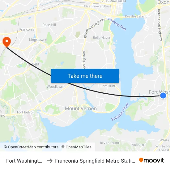 Fort Washington to Franconia-Springfield Metro Station map