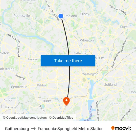 Gaithersburg to Franconia-Springfield Metro Station map