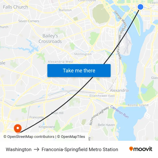 Washington to Franconia-Springfield Metro Station map