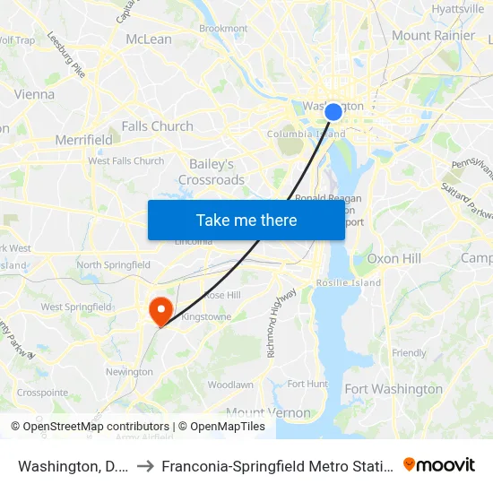 Washington, D.C. to Franconia-Springfield Metro Station map