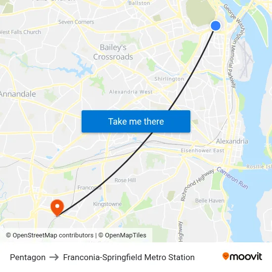 Pentagon to Franconia-Springfield Metro Station map
