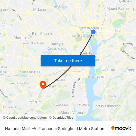 National Mall to Franconia-Springfield Metro Station map