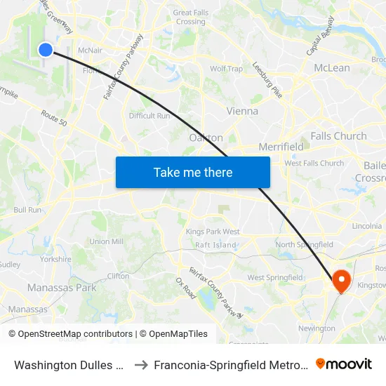 Washington Dulles Airport to Franconia-Springfield Metro Station map