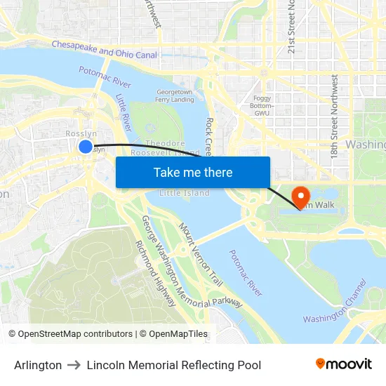 Arlington to Lincoln Memorial Reflecting Pool map