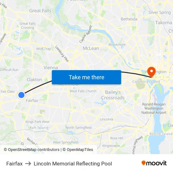 Fairfax to Lincoln Memorial Reflecting Pool map