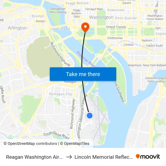 Reagan Washington Airport DCA to Lincoln Memorial Reflecting Pool map
