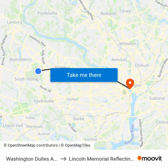Washington Dulles Airport to Lincoln Memorial Reflecting Pool map