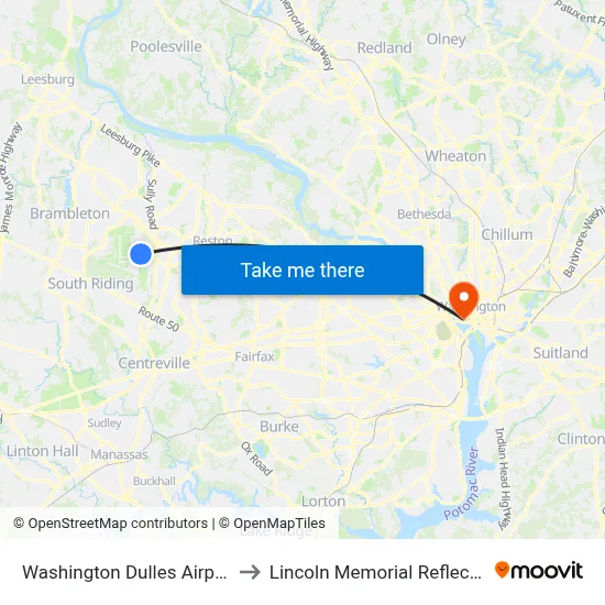 Washington Dulles Airport (IAD) to Lincoln Memorial Reflecting Pool map