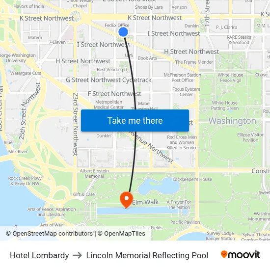 Hotel Lombardy to Lincoln Memorial Reflecting Pool map