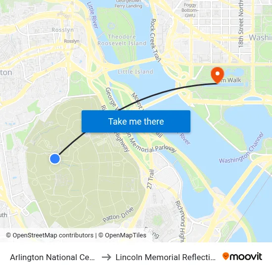 Arlington National Cemetery to Lincoln Memorial Reflecting Pool map