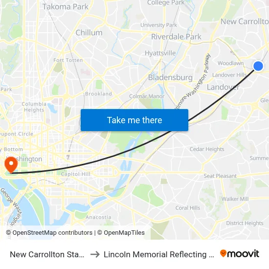 New Carrollton Station to Lincoln Memorial Reflecting Pool map