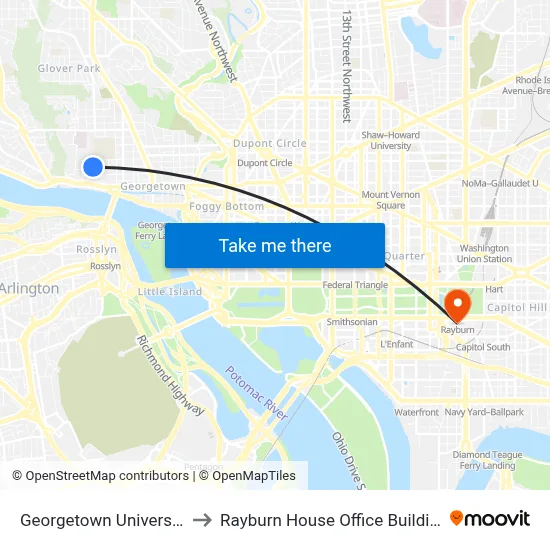 Georgetown University to Rayburn House Office Building map