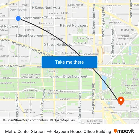 Metro Center Station to Rayburn House Office Building map