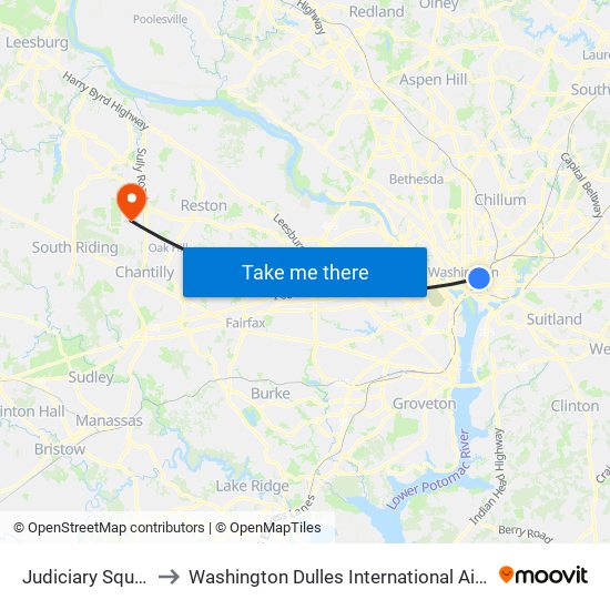 Judiciary Square to Washington Dulles International Airport map