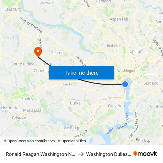 Ronald Reagan Washington National Airport Metrorail Station to Washington Dulles International Airport map