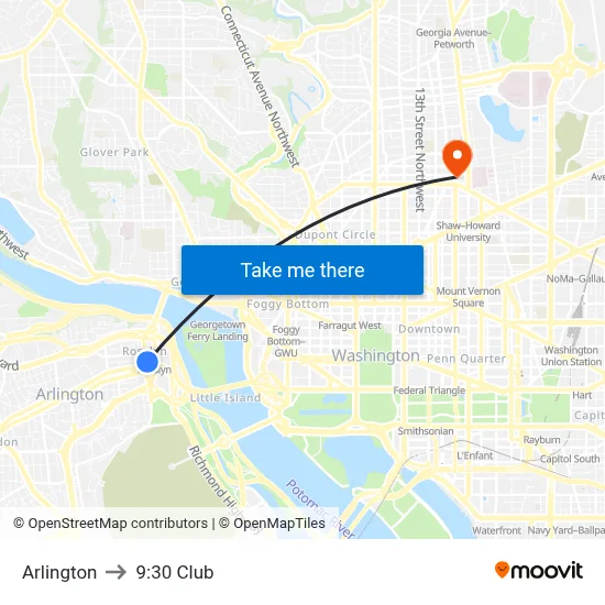 Arlington to 9:30 Club map