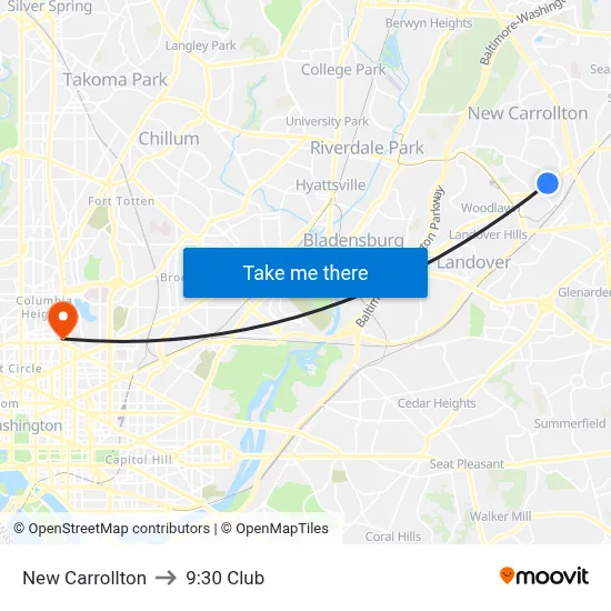 New Carrollton to 9:30 Club map