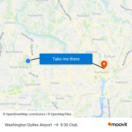 Washington Dulles Airport to 9:30 Club map