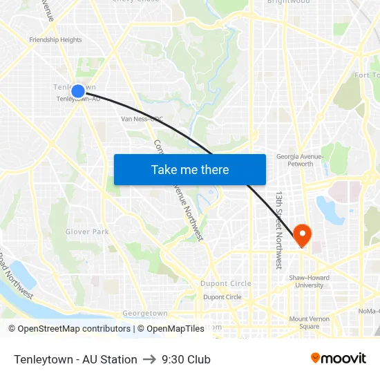 Tenleytown - AU Station to 9:30 Club map