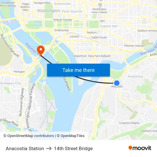 Anacostia Station to 14th Street Bridge map