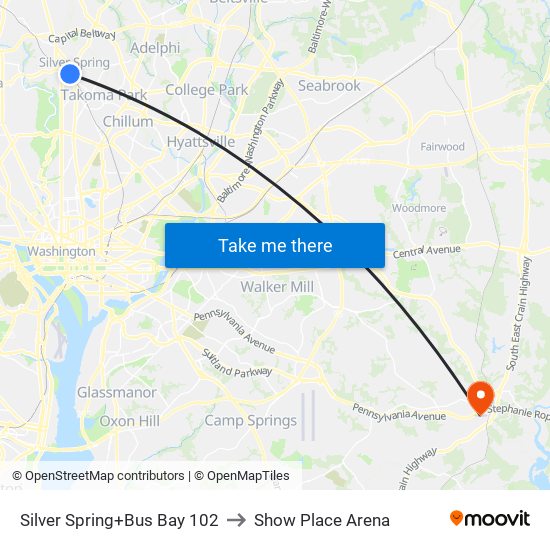 Silver Spring+Bus Bay 102 to Show Place Arena map