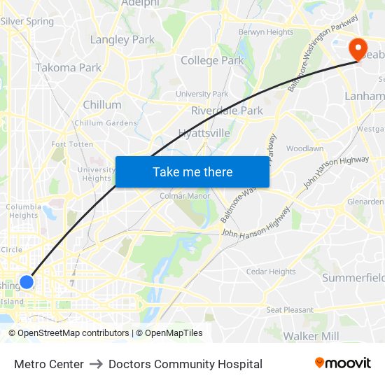 Metro Center to Doctors Community Hospital map