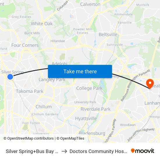 Silver Spring+Bus Bay 102 to Doctors Community Hospital map