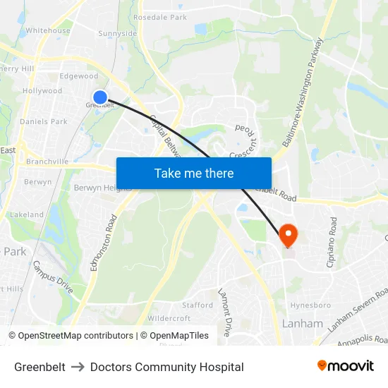 Greenbelt to Doctors Community Hospital map