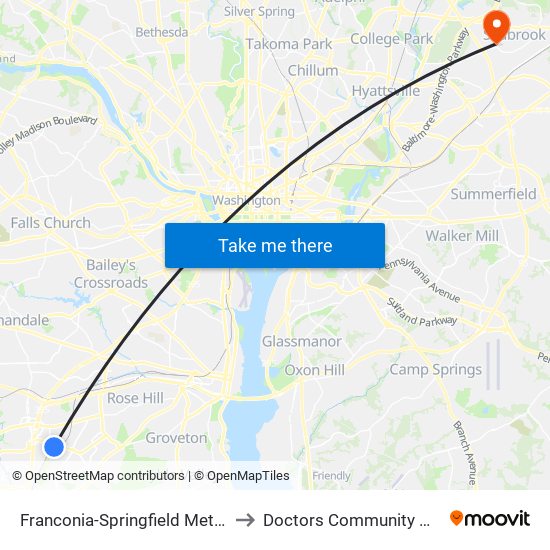 Franconia-Springfield Metro Bay E to Doctors Community Hospital map