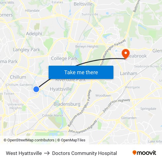 West Hyattsville to Doctors Community Hospital map