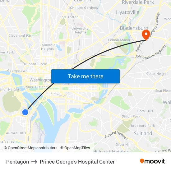 Pentagon to Prince George's Hospital Center map