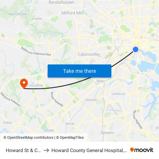 Howard St & Camden St Sb to Howard County General Hospital, Johns Hopkins Medicine map