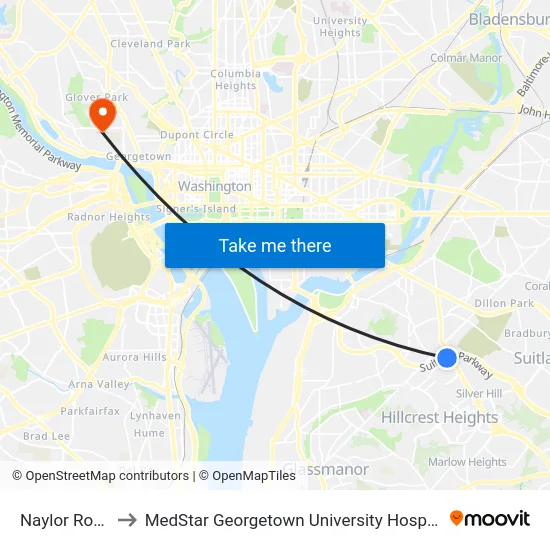 Naylor Road to MedStar Georgetown University Hospital map