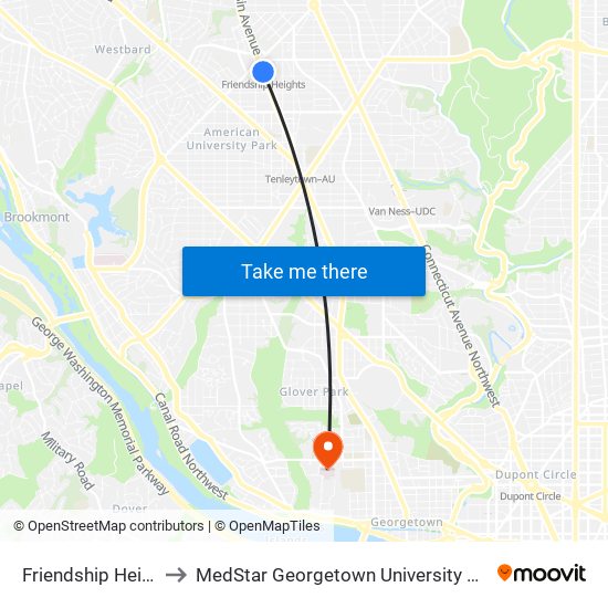 Friendship Heights to MedStar Georgetown University Hospital map