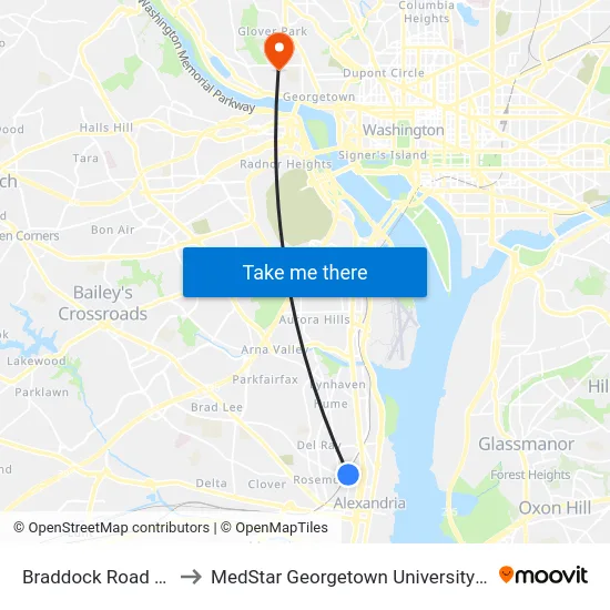Braddock Road Metro to MedStar Georgetown University Hospital map