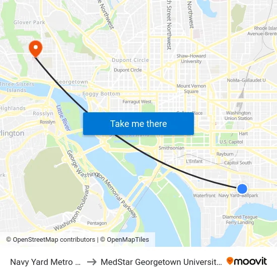 Navy Yard Metro Station to MedStar Georgetown University Hospital map