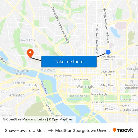 Shaw-Howard U Metro Station to MedStar Georgetown University Hospital map