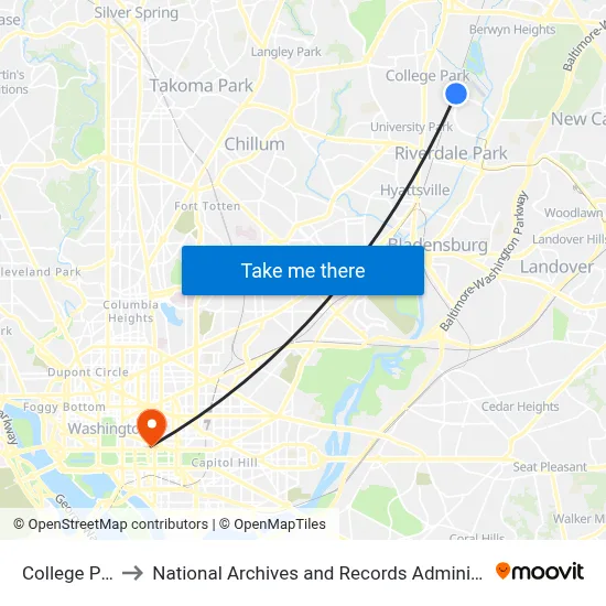 College Park to National Archives and Records Administration map
