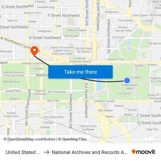 United Stated Capitol to National Archives and Records Administration map