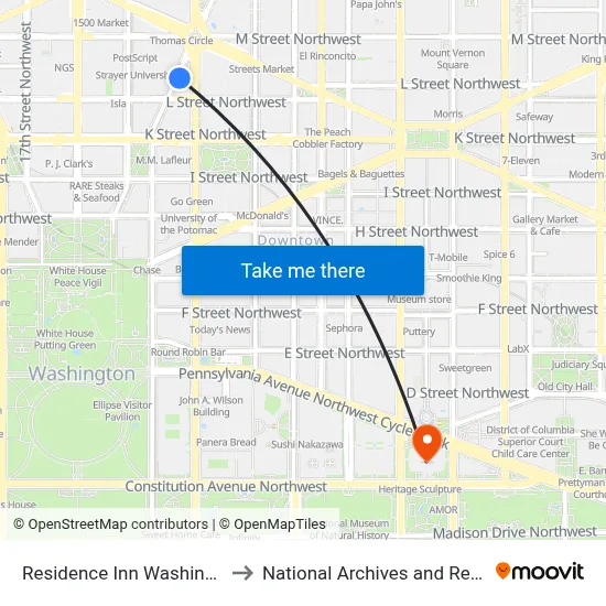 Residence Inn Washington DC Downtown to National Archives and Records Administration map