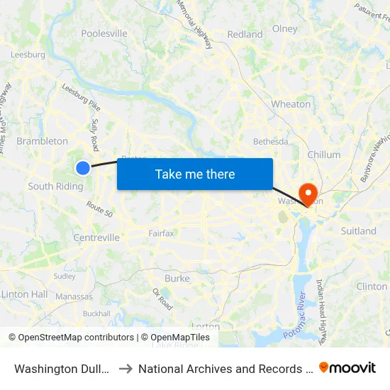 Washington Dulles Airport to National Archives and Records Administration map