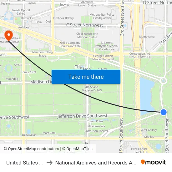United States Capitol to National Archives and Records Administration map