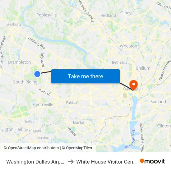 Washington Dulles Airport to White House Visitor Center map
