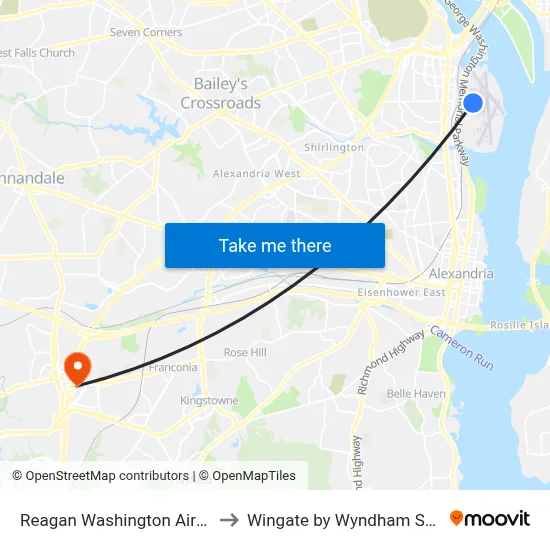 Reagan Washington Airport DCA to Wingate by Wyndham Springfield map
